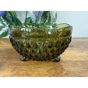 Vintage Olive Green‎ Diamond Point Footed Glass Bowl Retro Emerald Decor Dish